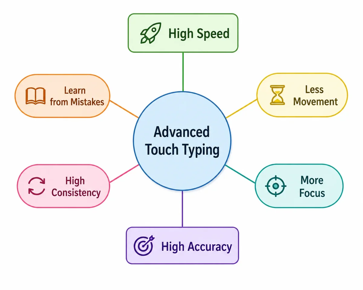 Infographic showing the benefits of advanced touch typing, including high speed, high accuracy, more focus, less movement, high consistency, and learning from mistakes.
