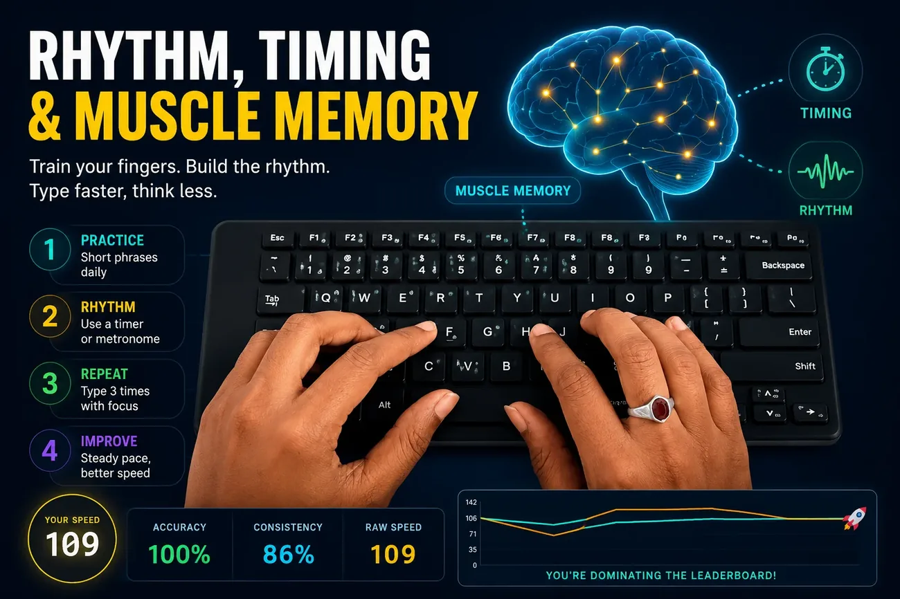 Hands practicing touch typing on a keyboard with a focus on rhythm, timing, and muscle memory to improve typing speed, consistency, and accuracy.
