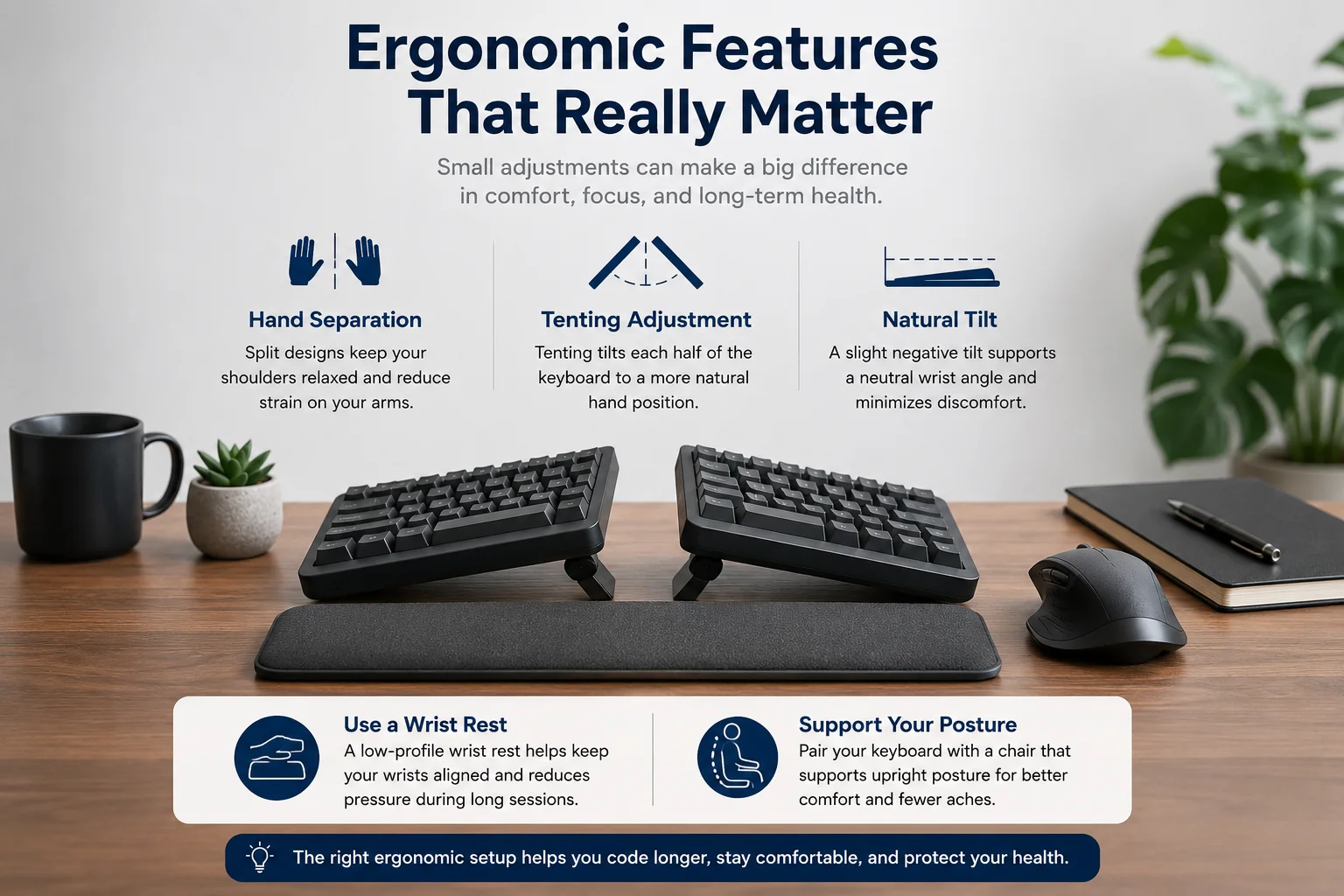 Ergonomic split keyboard setup with hand separation, tenting adjustment, natural tilt, and wrist rest for programmers