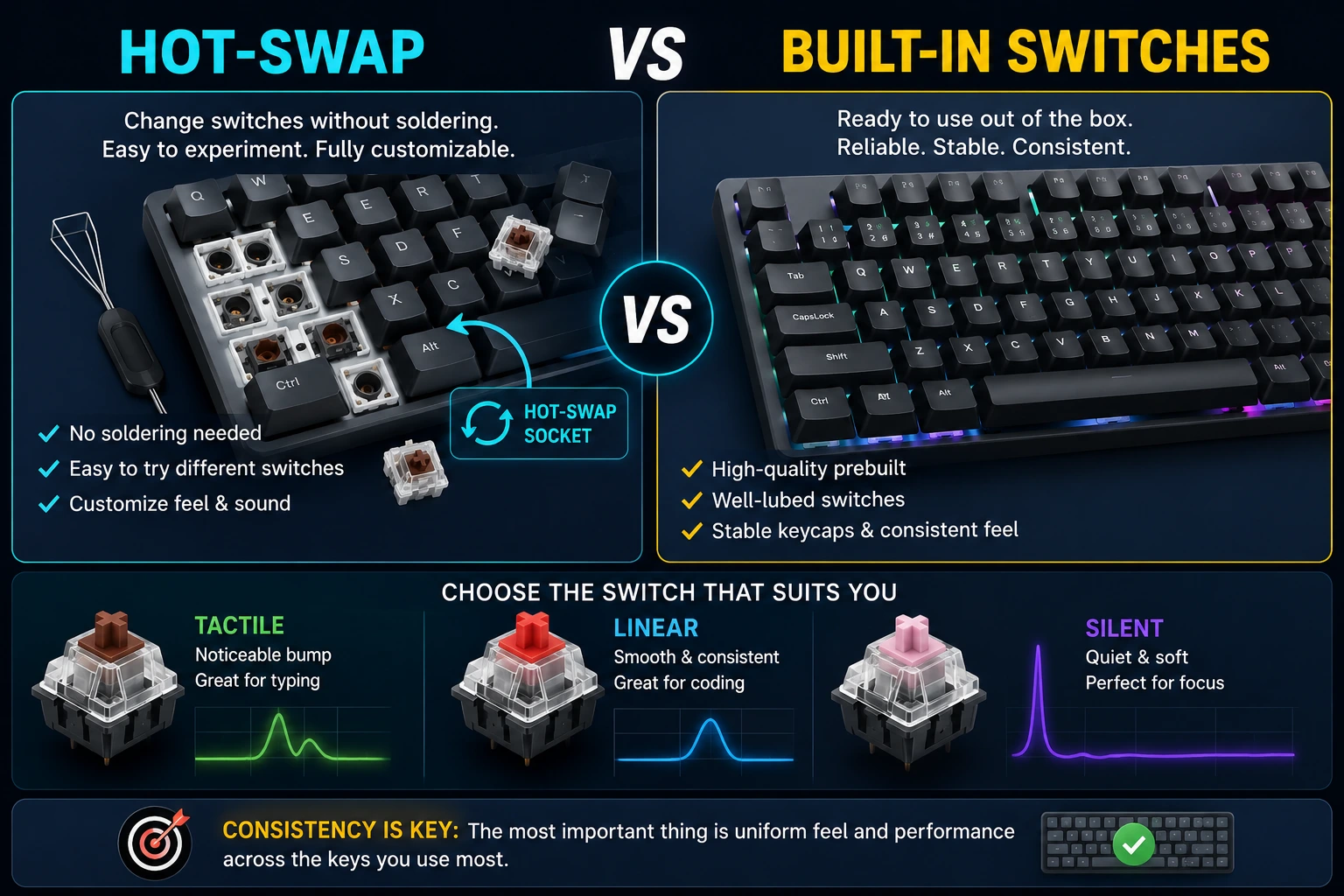 Hot-swap versus built-in switch mechanical keyboards compared, with tactile, linear, and silent switch options for programmers