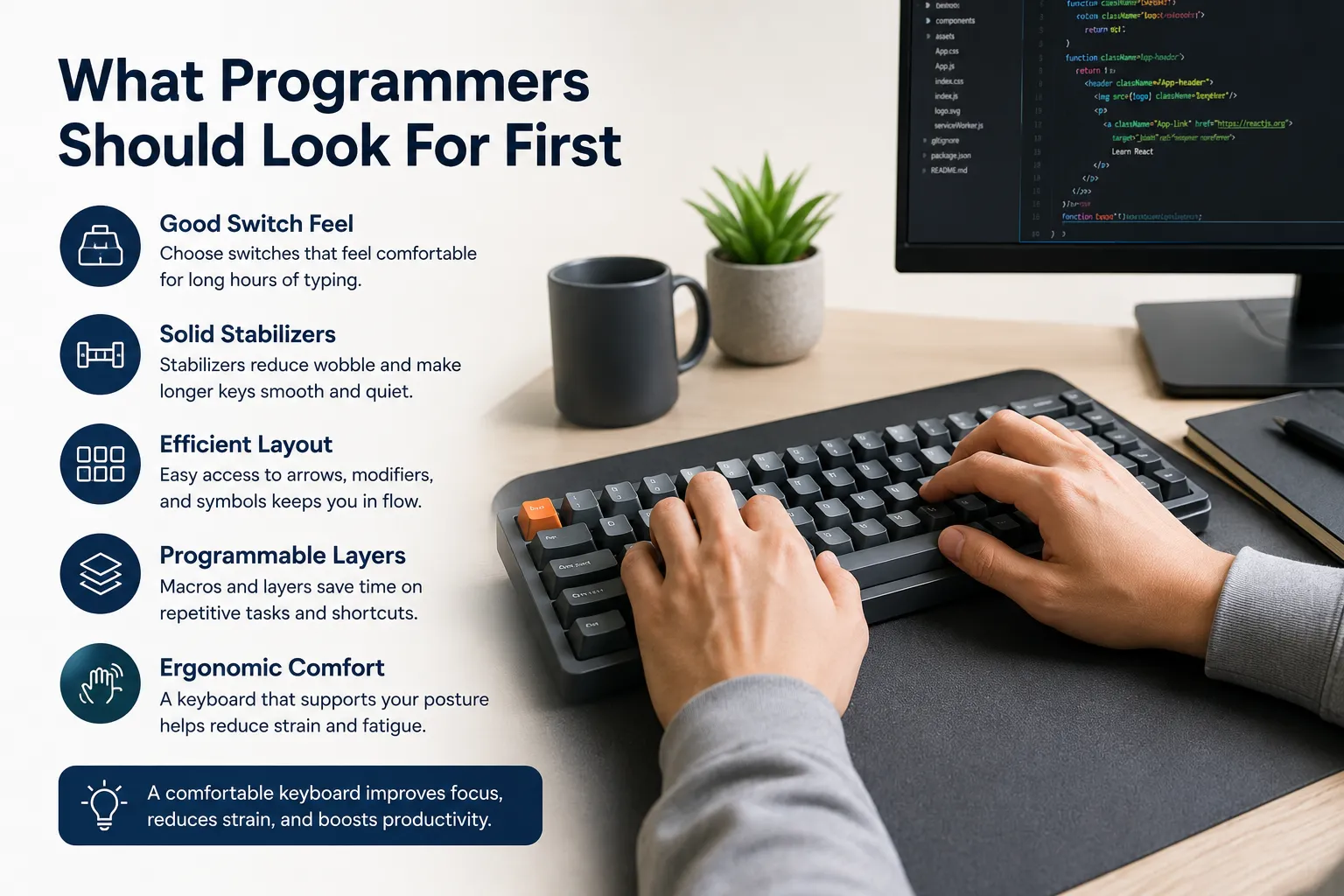 Best keyboards for programmers guide: checklist covering switch feel, stabilizers, layout, programmable layers, and ergonomic comfort for coding