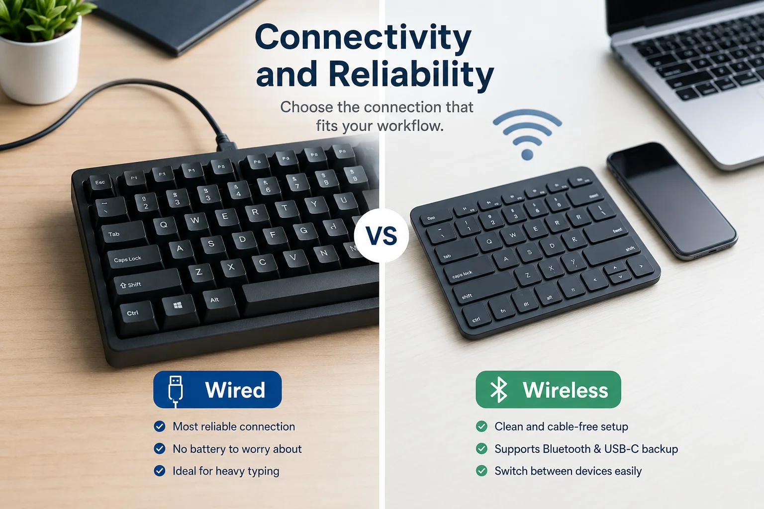 Wired versus wireless keyboard connectivity compared for programmers, showing USB-C wired and Bluetooth wireless setups