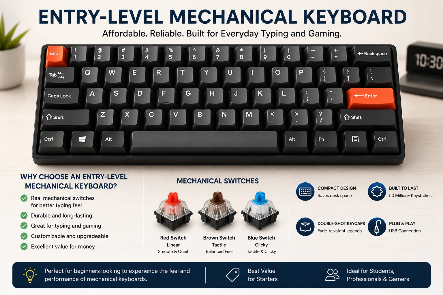 Entry-level mechanical keyboard with red, brown, and blue switch options, ideal for beginners upgrading from membrane keyboards.