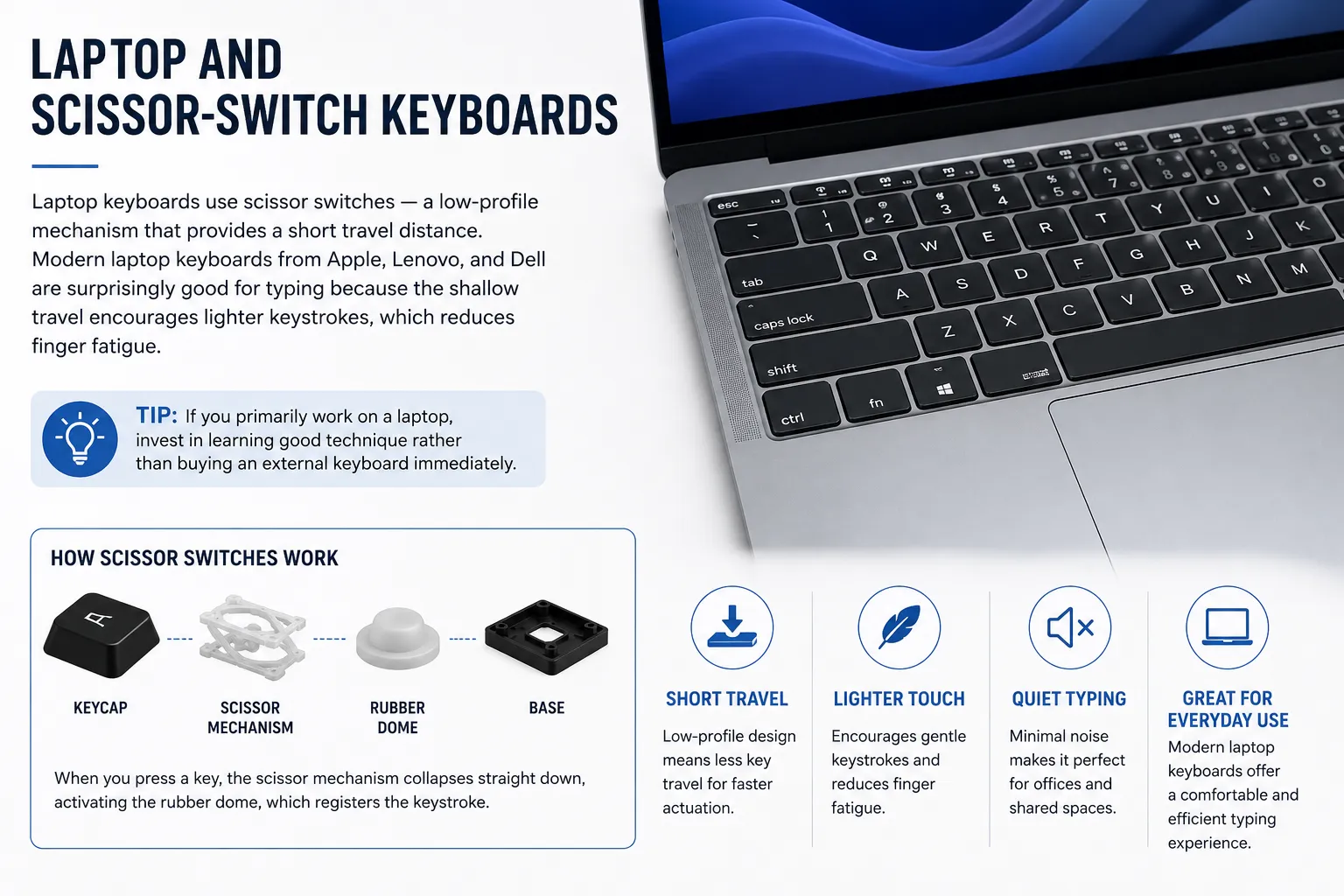 Laptop keyboard with scissor-switch mechanism diagram showing keycap, scissor mechanism, rubber dome, and base.