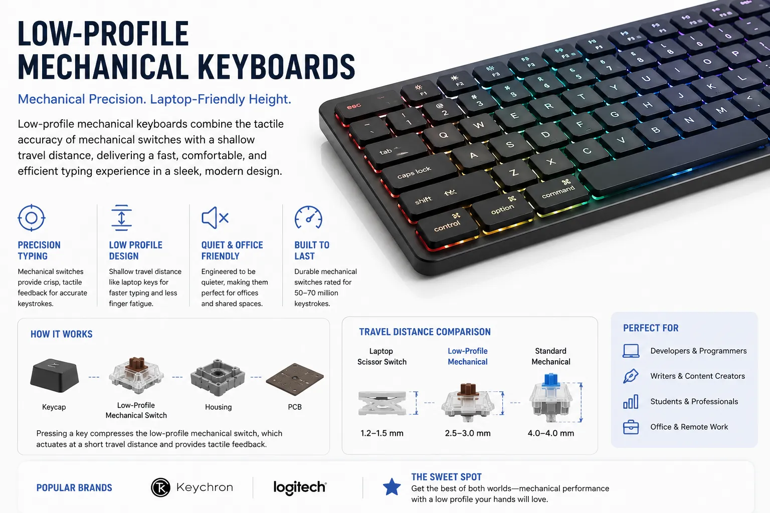 Low-profile mechanical keyboard comparing travel distance between laptop scissor switch, low-profile mechanical, and standard mechanical switches.