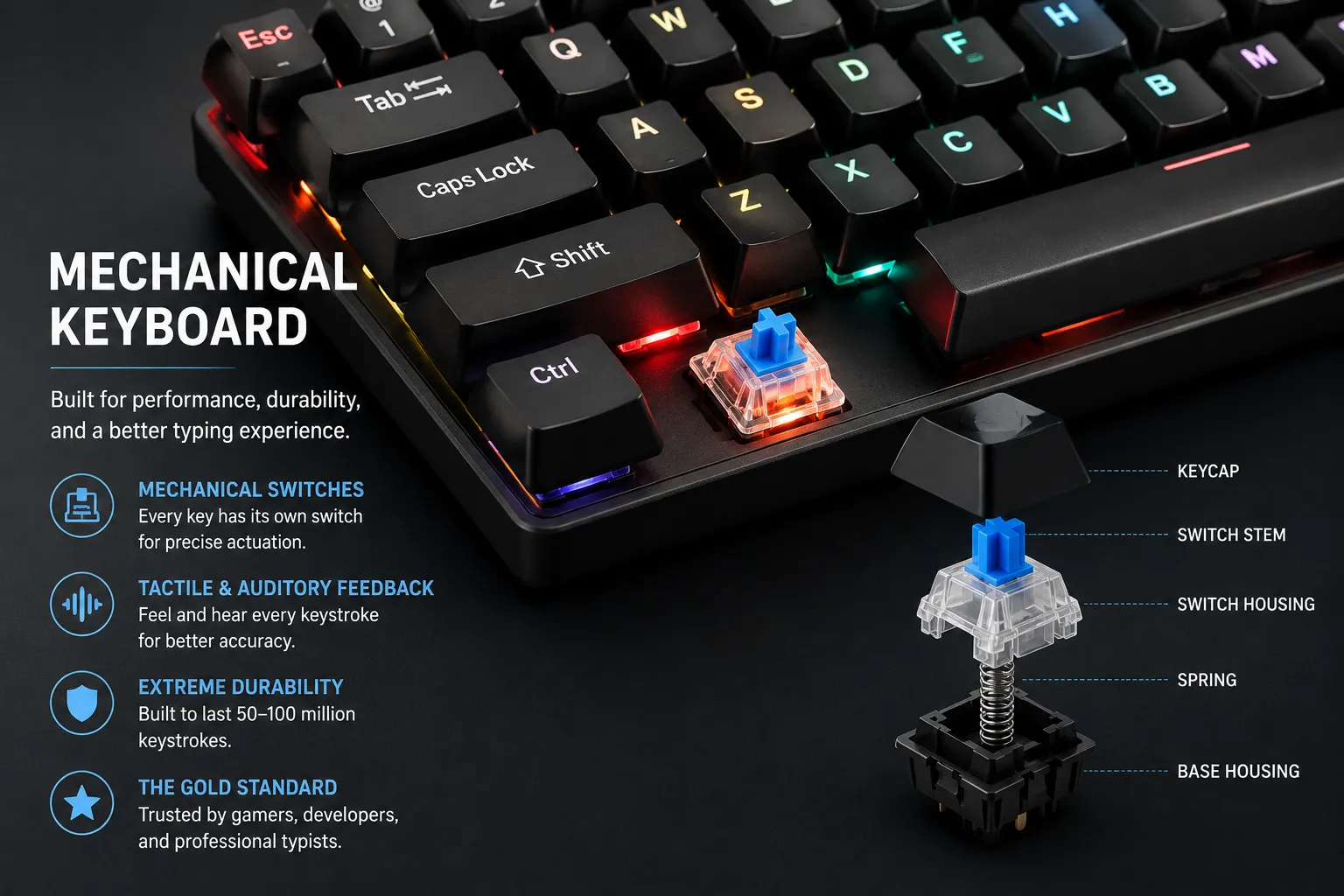 Mechanical keyboard close-up showing keycap, switch stem, switch housing, and spring for precise, durable typing feedback.