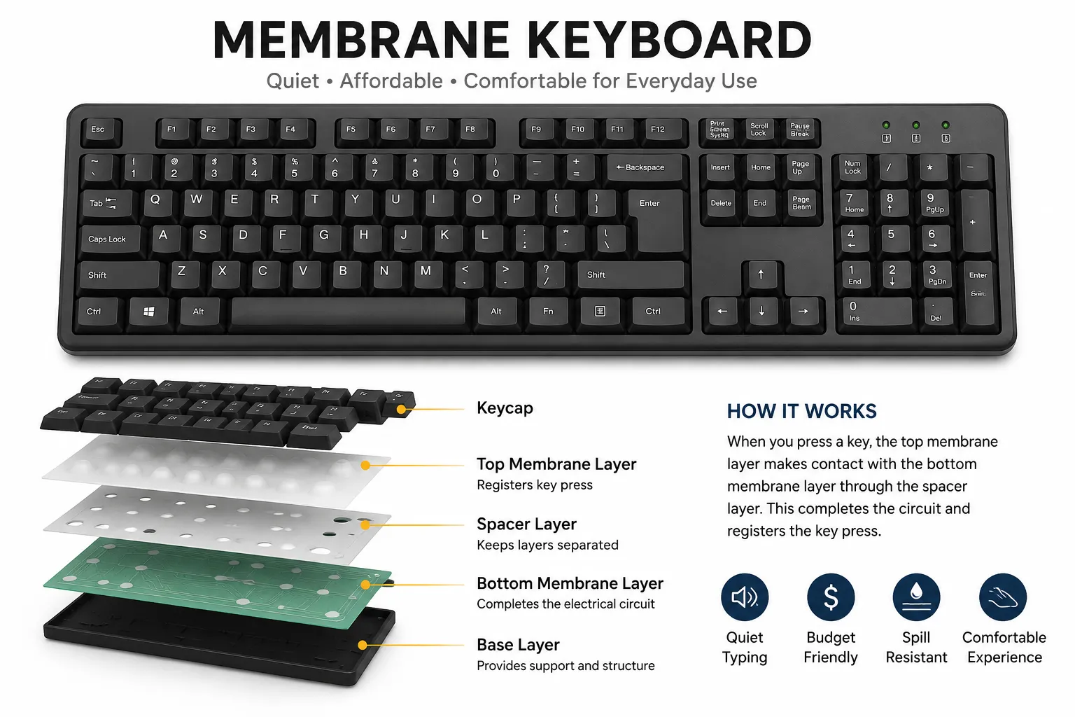 Membrane keyboard anatomy showing keycap, rubber dome, membrane layer, circuit layer, and keyboard base next to a laptop keyboard.