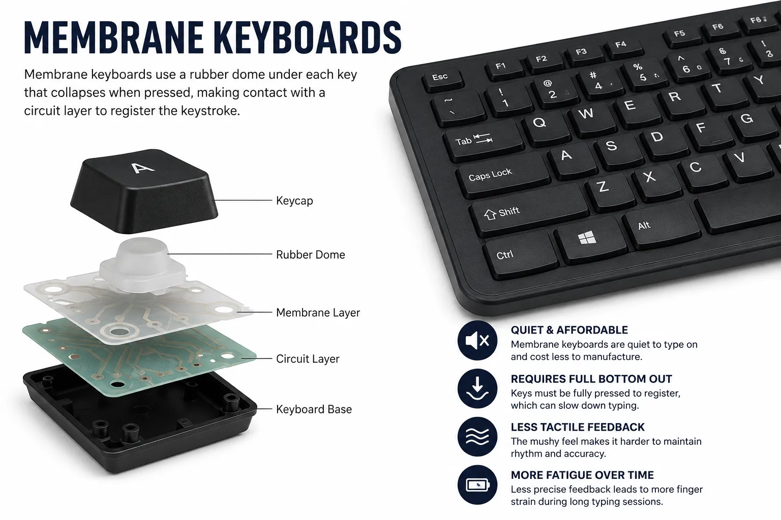Membrane keyboard with exploded view of keycap, top membrane layer, spacer layer, bottom membrane layer, and base.