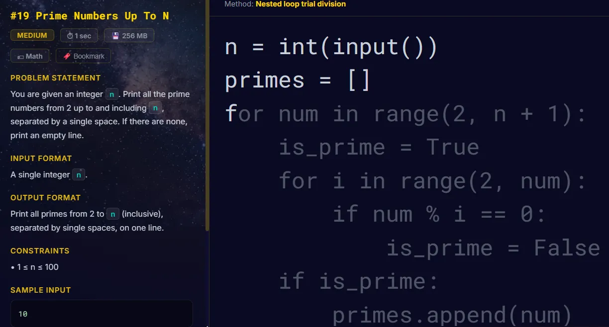 Code typing practice screen showing a Python problem with syntax-highlighted source code.
