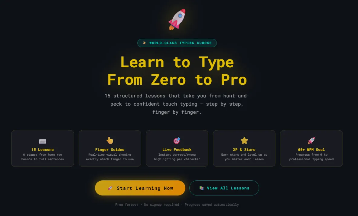 Typing course screen showing structured lessons, finger guides, live feedback, and a typing speed goal.