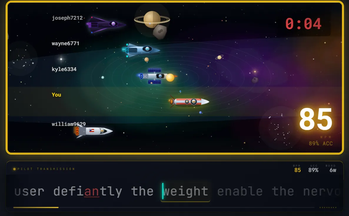 Multiplayer typing race game showing rockets, player positions, WPM, and accuracy statistics.