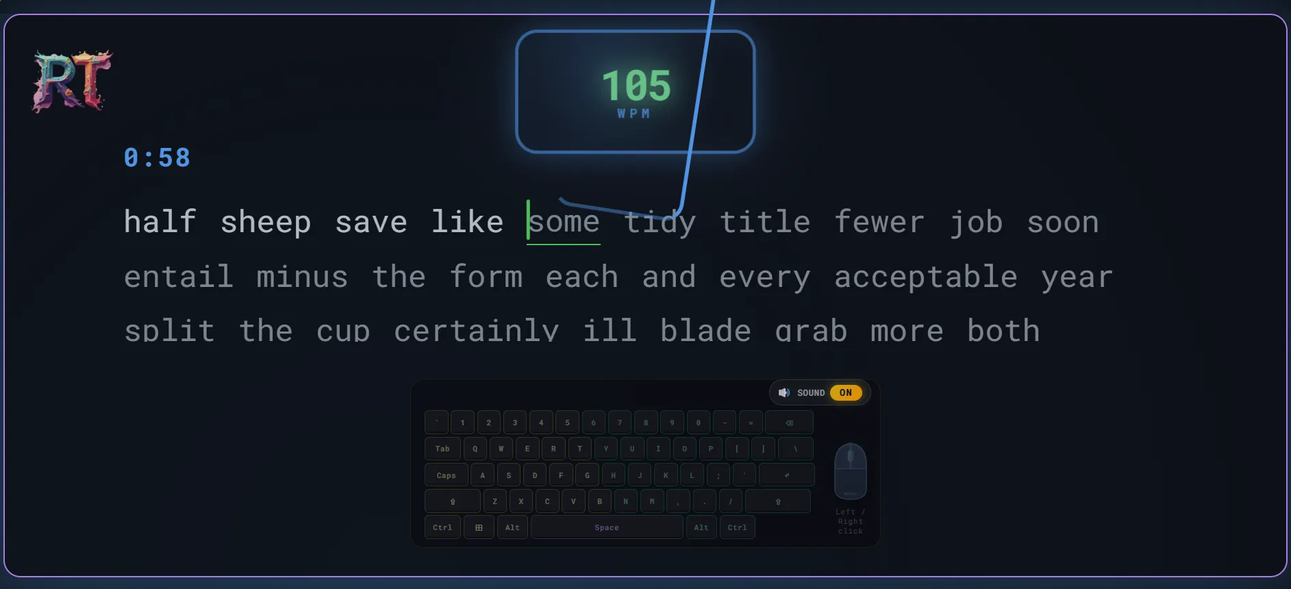 Typing test screen showing WPM, timer, accuracy information, and an on-screen keyboard.