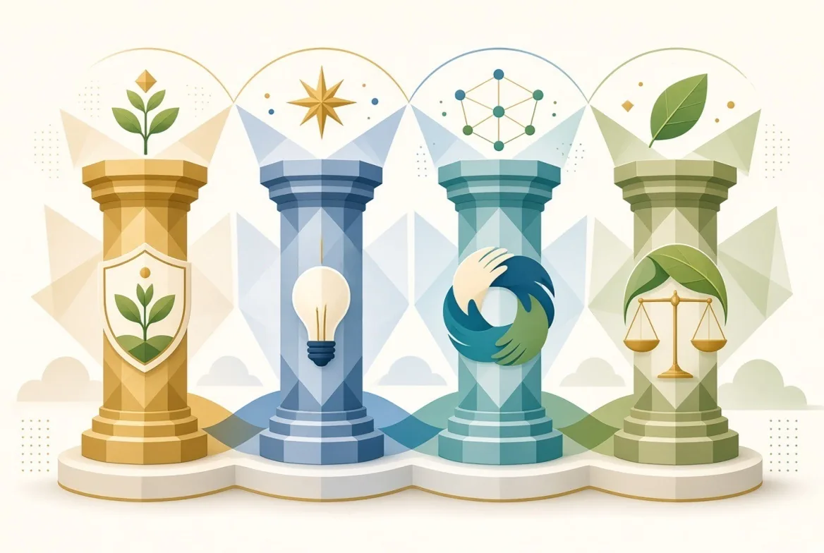 Four pillars topped with icons for a plant, star, network, and leaf, representing resilience, innovation, cooperation, and sustainability