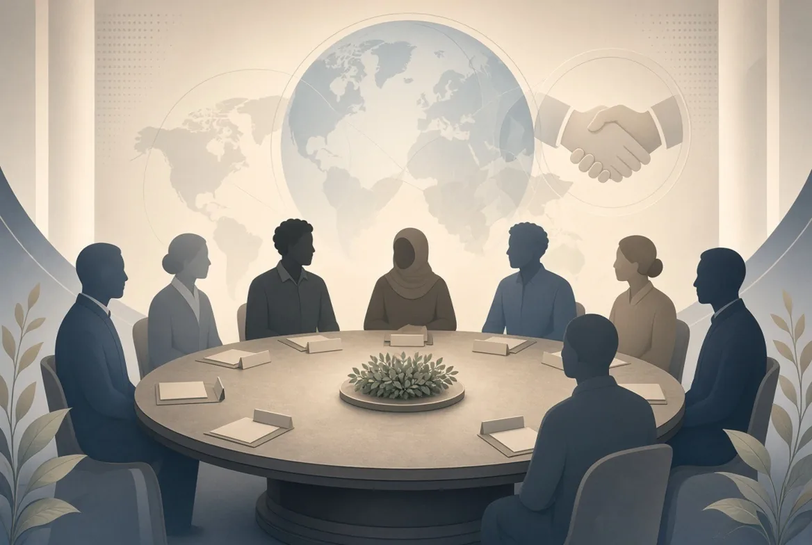 Illustrated delegates seated around a round table beneath a world globe and handshake motif
