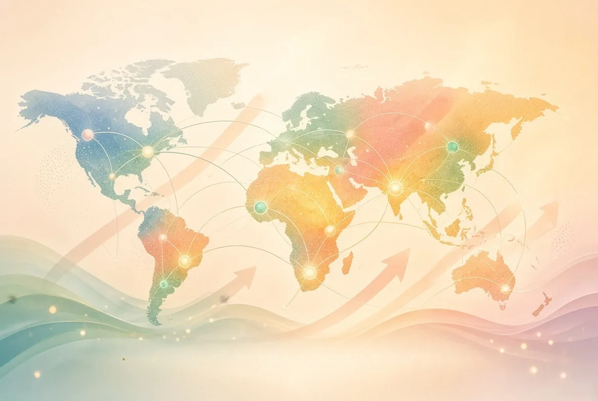 A world map with glowing points and connecting lines across continents in warm colors