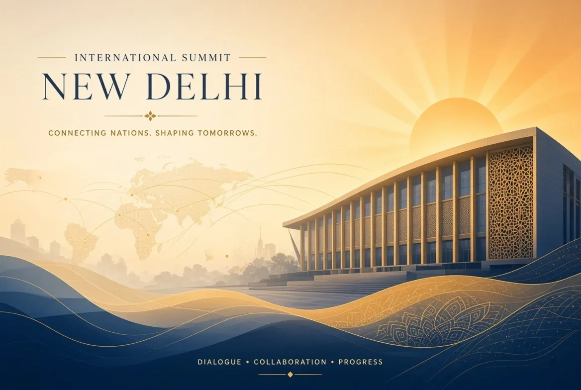 Bharat Mandapam building in New Delhi at sunrise with the words International Summit New Delhi