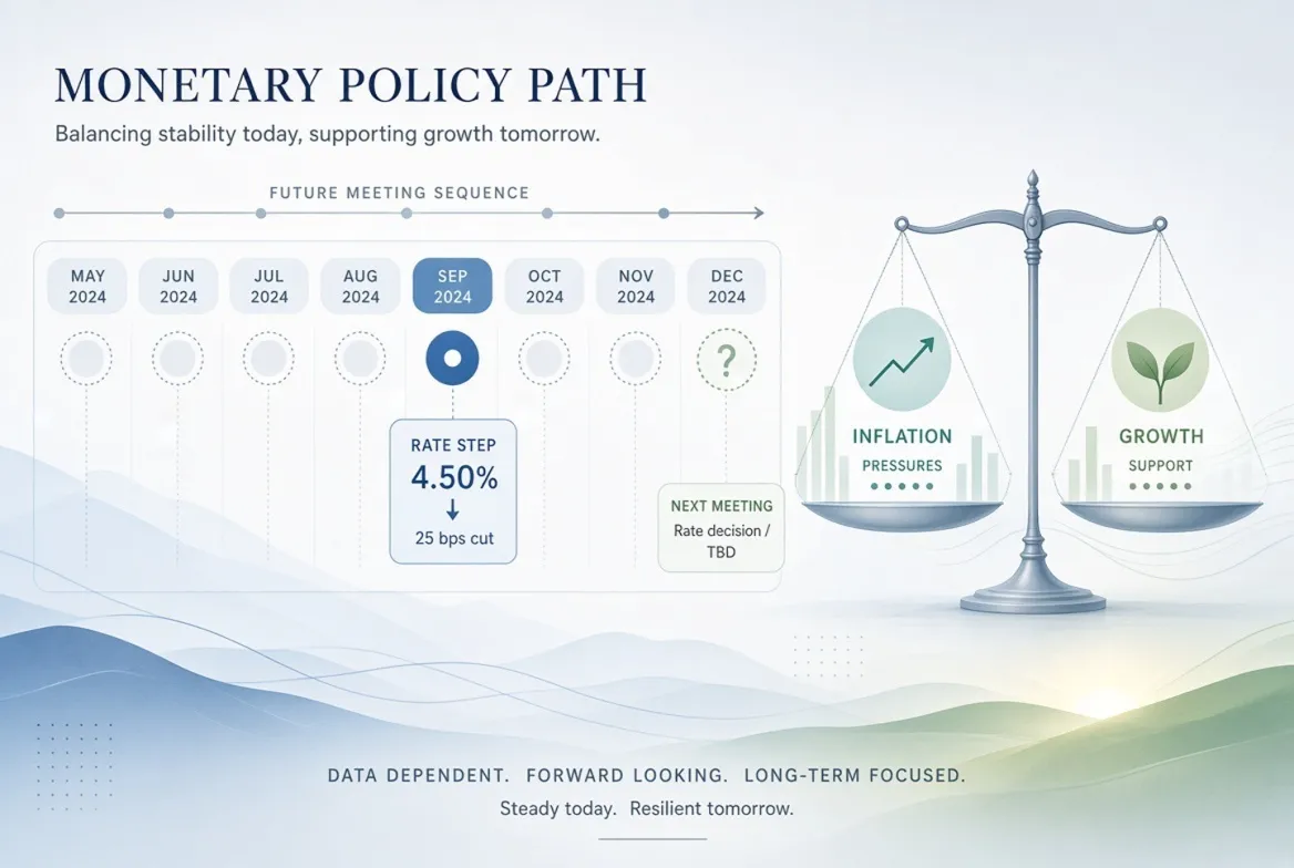 A chart-style illustration representing the Federal Reserve's possible future interest rate path through the end of 2026