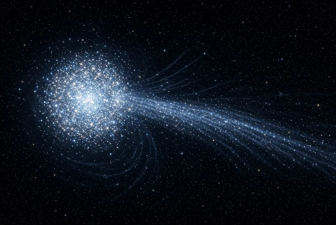 Diagram-style illustration of a globular cluster being disrupted into a stellar stream