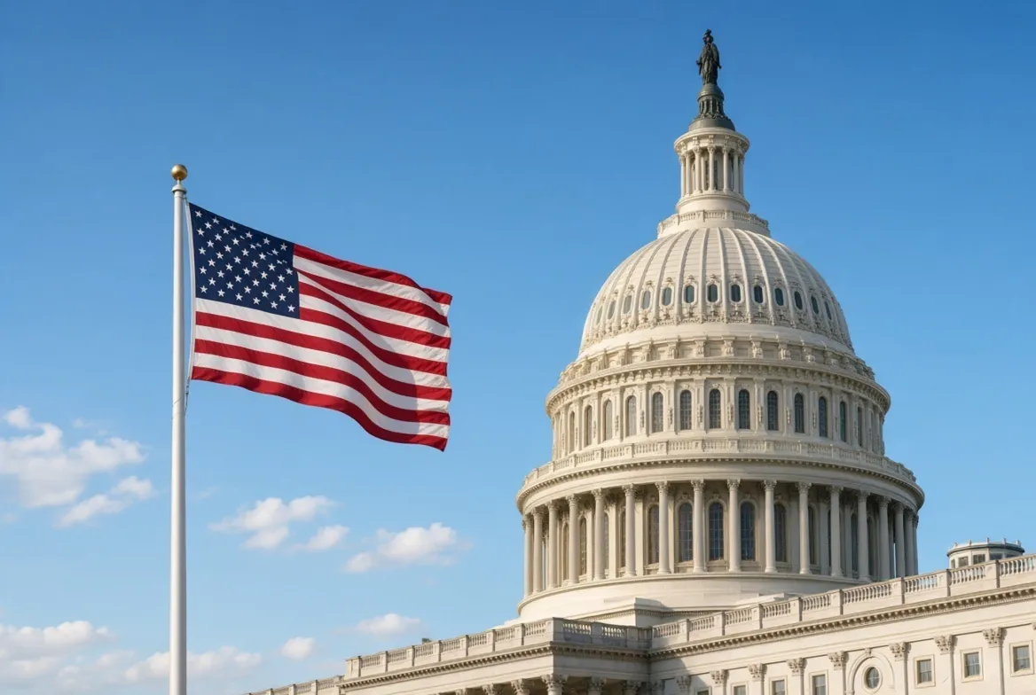 The US Capitol at dusk with a translucent overlay of a semicircular legislative chamber