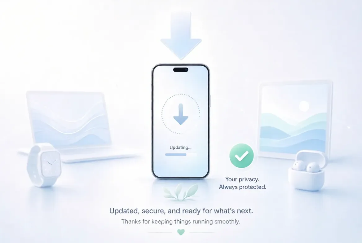 A phone showing an update in progress surrounded by a laptop, watch, tablet and earbuds