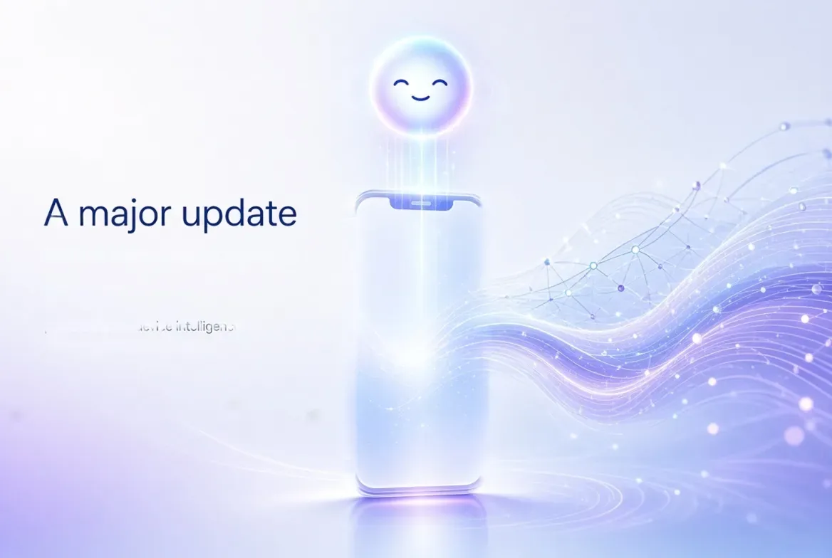 A glowing assistant orb rising from a smartphone beside flowing light trails on a soft lilac background