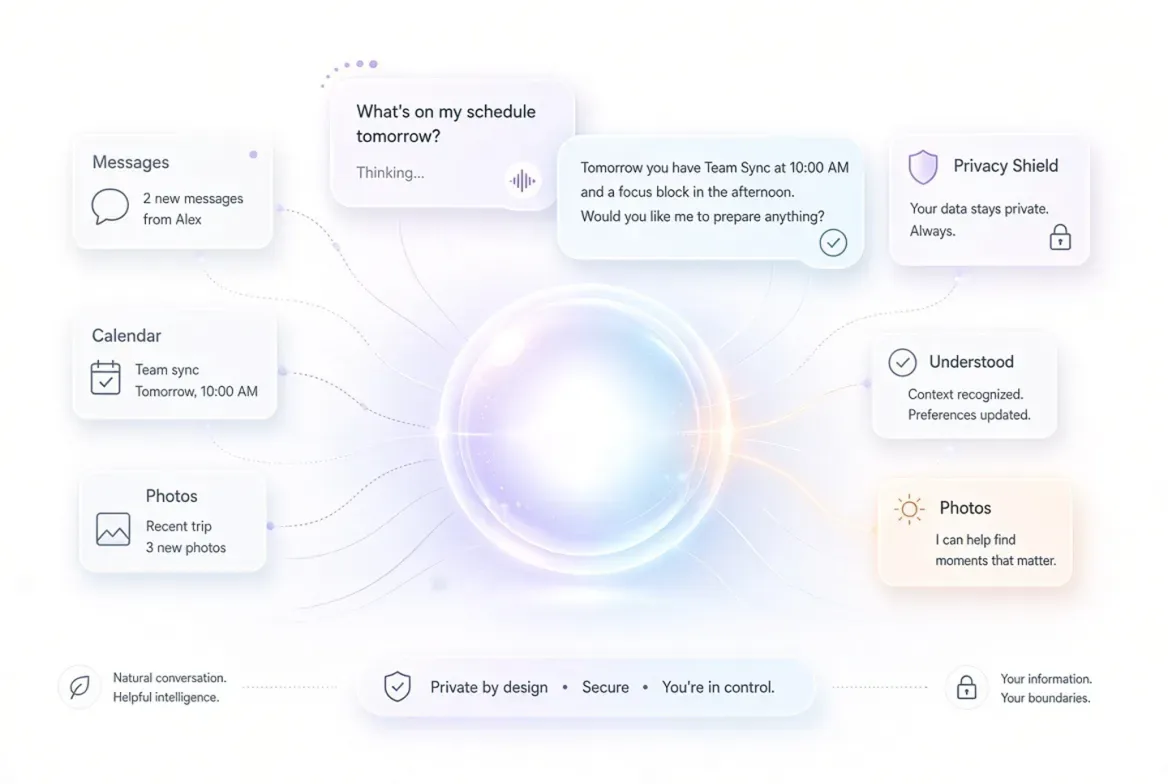 A diagram showing Siri AI pulling context from Messages, Calendar and Photos with a privacy shield panel