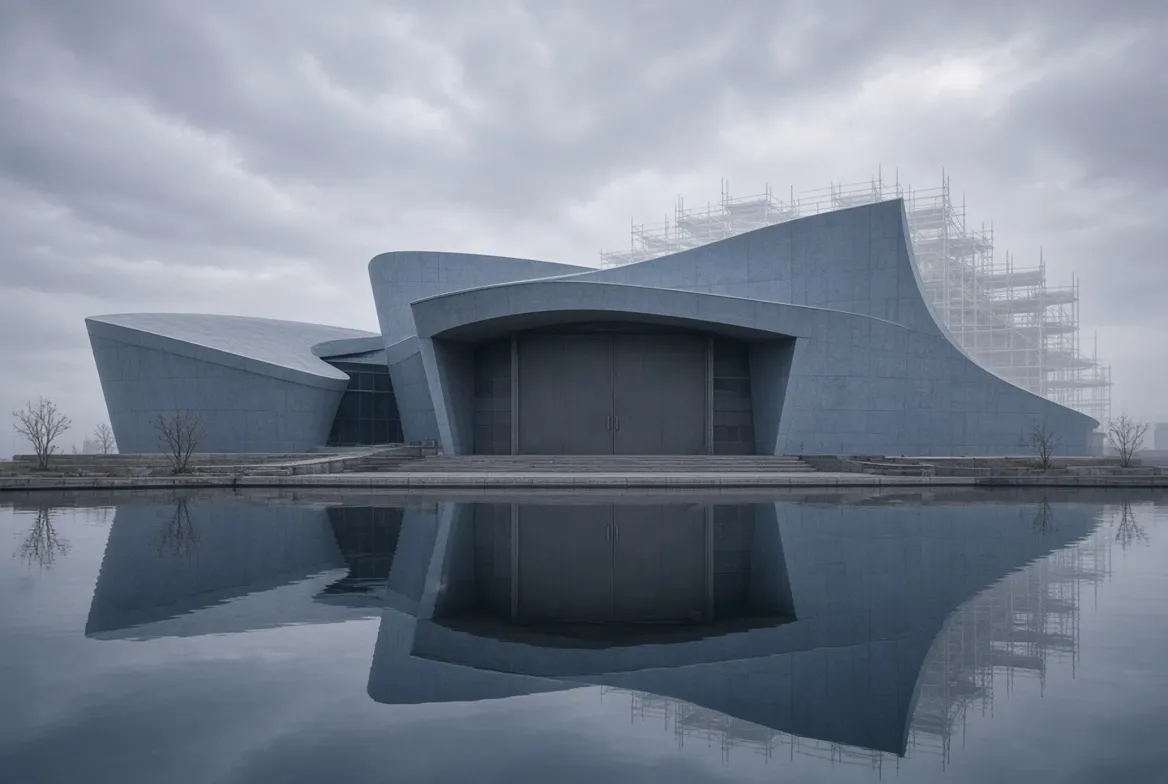 A closed performing arts building under overcast skies with scaffolding rising behind it, reflected in still water
