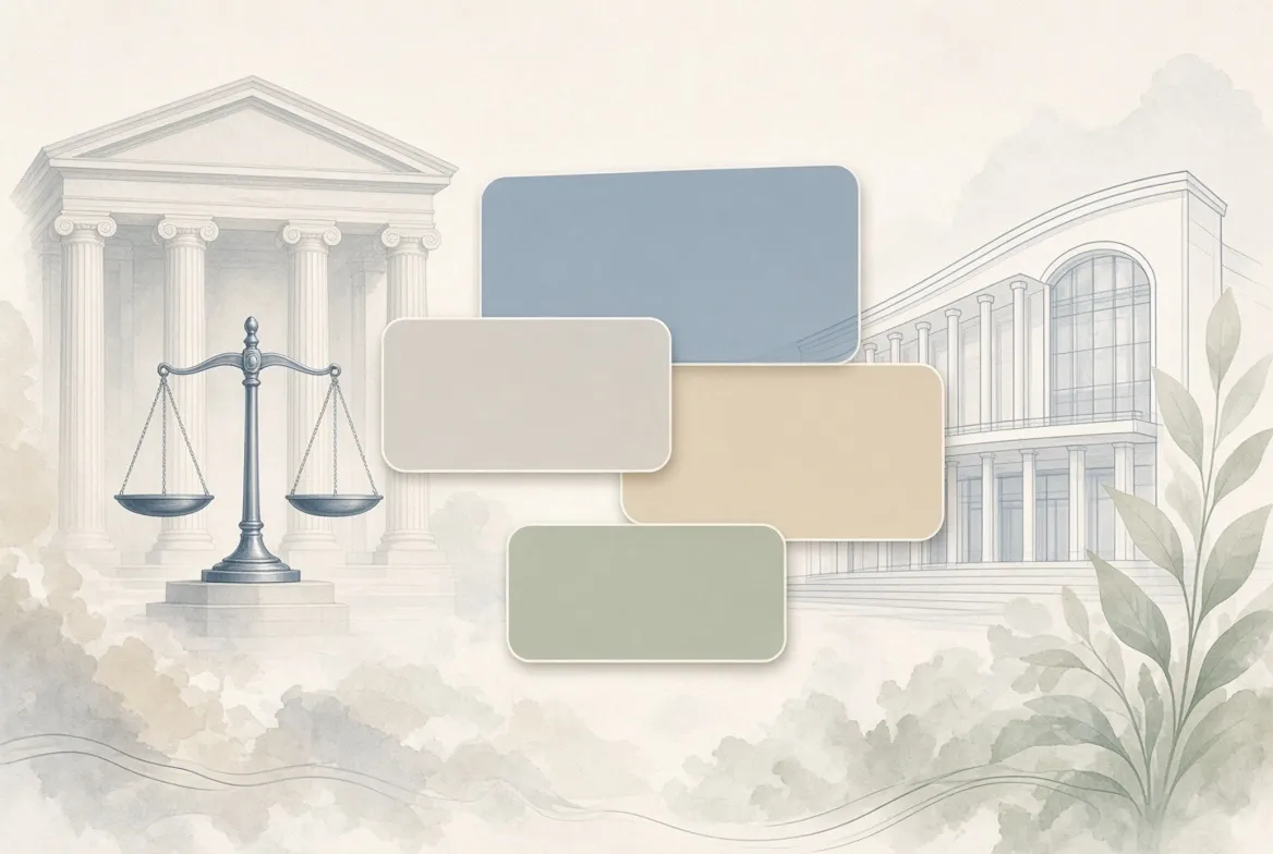 An illustration of a courthouse with scales of justice beside a performing arts building, with blank name cards between them