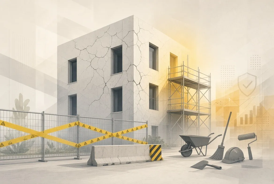 A cracked building facade behind yellow safety barriers with scaffolding, a wheelbarrow and repair tools