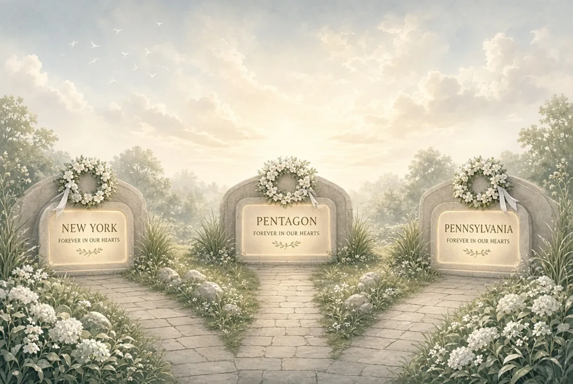Three stone memorial markers reading New York, Pentagon, and Pennsylvania, each with a white flower wreath and the words Forever in Our Hearts