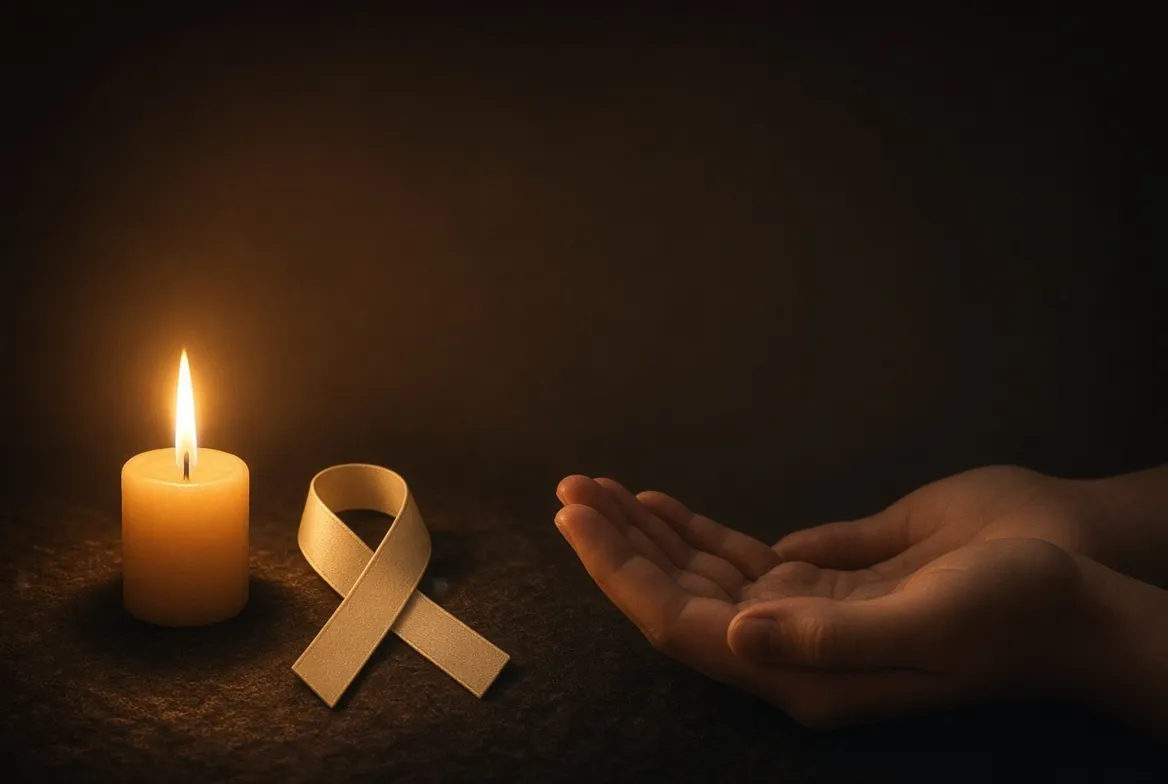 A lit candle and a remembrance ribbon beside a pair of open hands
