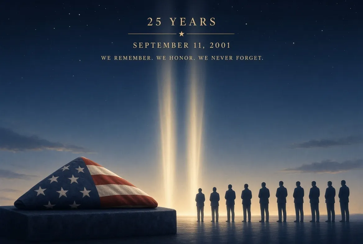 A flag-draped memorial beside the Tribute in Light beams and silhouetted figures standing in remembrance, with the words 25 Years, September 11 2001, We Remember, We Honor, We Never Forget