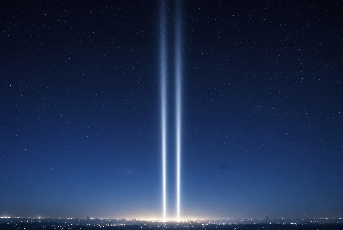 Two bright beams of light shining into a starry night sky above a city skyline