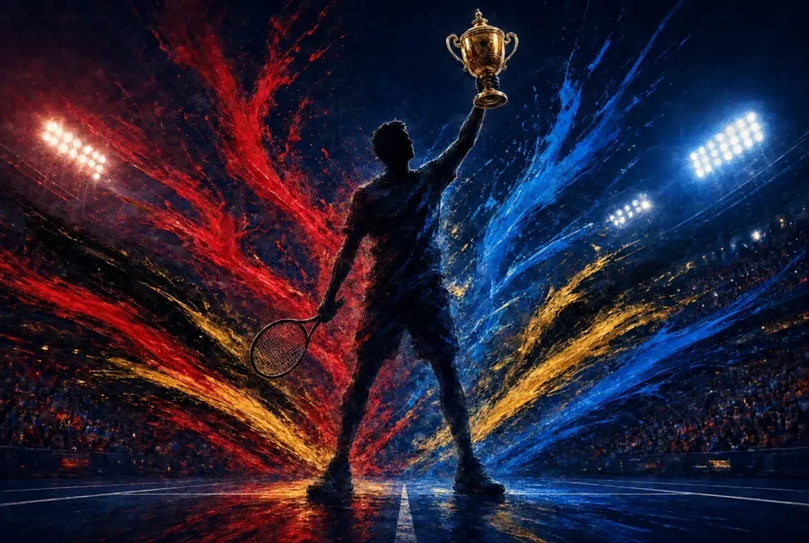 A silhouetted tennis player raising a trophy under stadium lights with red, gold and blue light streaks behind him