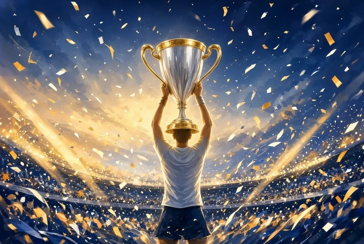 A player lifting a silver and gold trophy overhead as golden confetti falls in a packed stadium