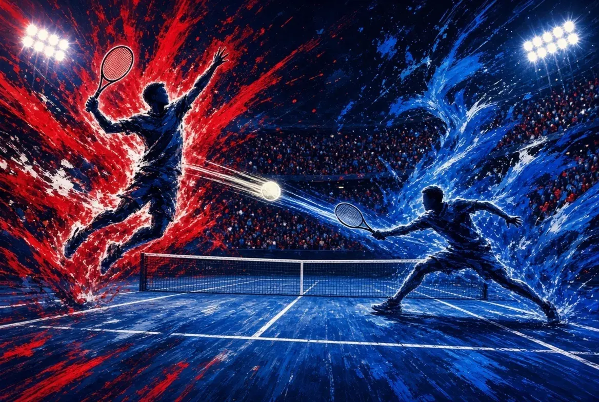 Two tennis players facing off across the net in a packed floodlit stadium with red and blue light streaks