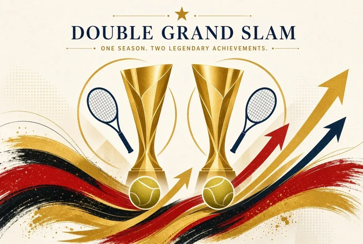 A Double Grand Slam graphic showing two gold trophies with tennis rackets and German flag colors